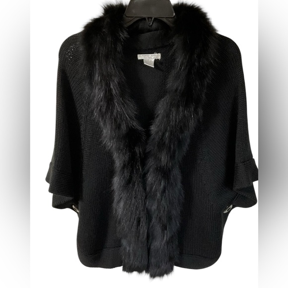 Alberto Mikali Black  Real Fox Fur Trim Caplet Cardigan Sweater Women's SZ SM - Picture 1 of 16